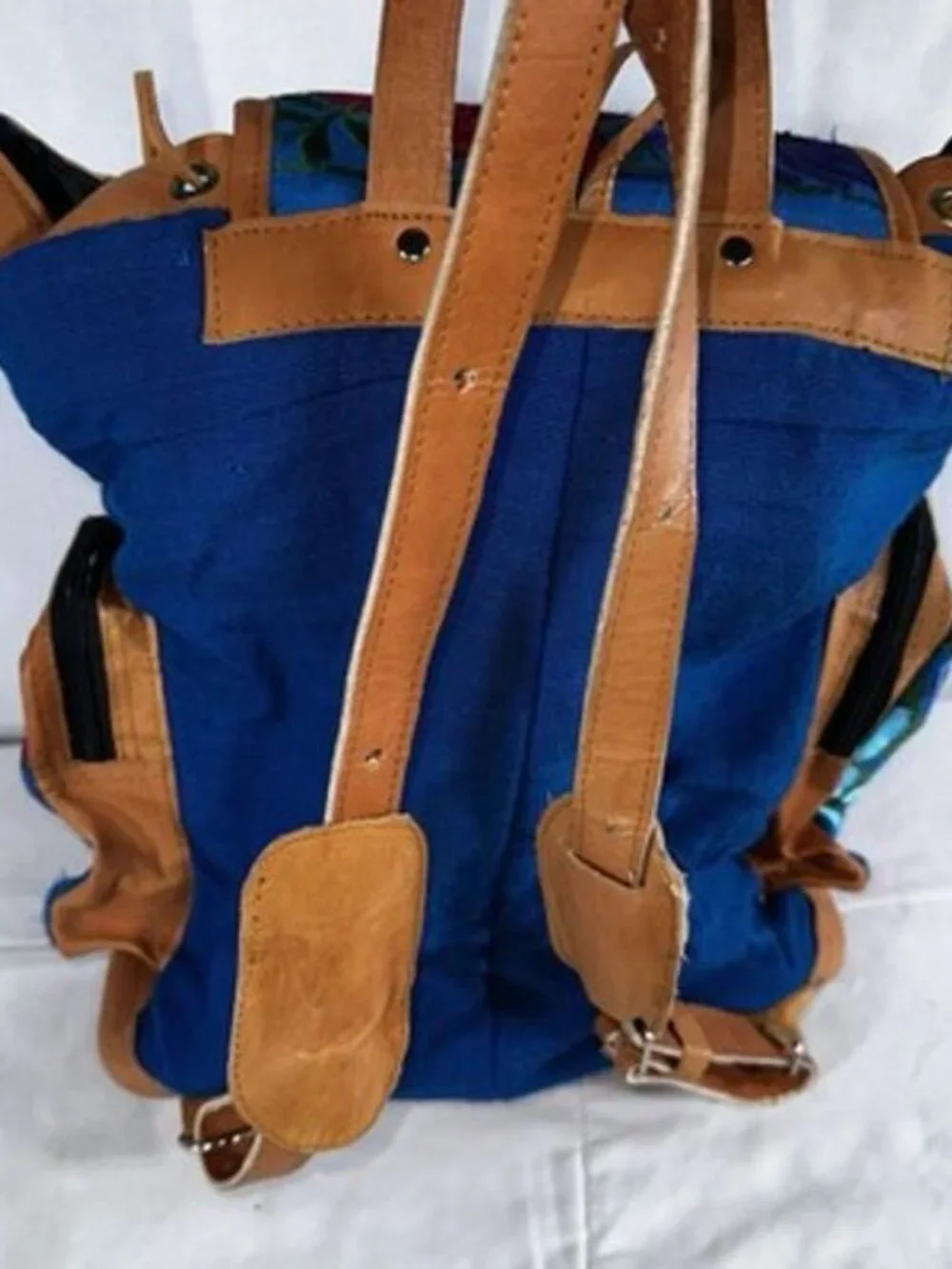 Multicolor Tapestry Embroidered Fabric Tan Leather Trim Drawstring Backpack